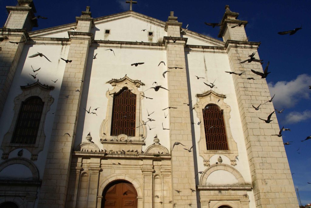 Facciata bianca della Chiesa di Leiria con rondini in volo