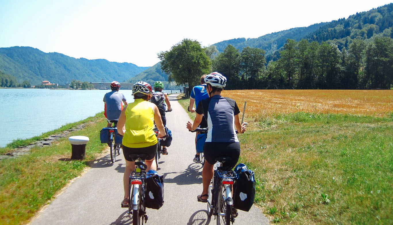 Ciclisti che pedalano su pista ciclabile in mezzo alla natura