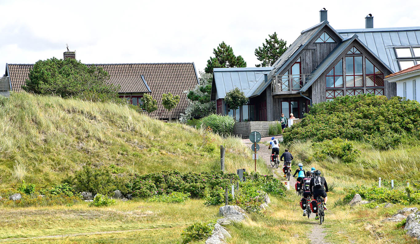 Ciclisti che pedalano su strada sterrata in mezzo ad un paesaggio rurale con case sullo sfondo