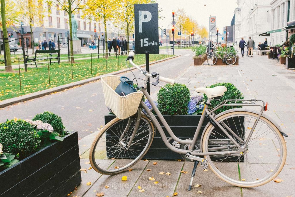 Bicicletta parcheggiata vicino a un’area verde pubblica nel quartiere di Nørrebro, Copenaghen.