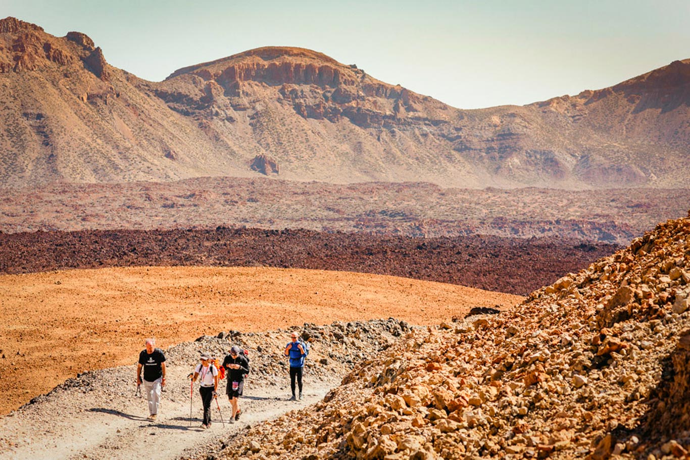 Quattro persone che fanno un trekking a Tenerife circondati dal deserto