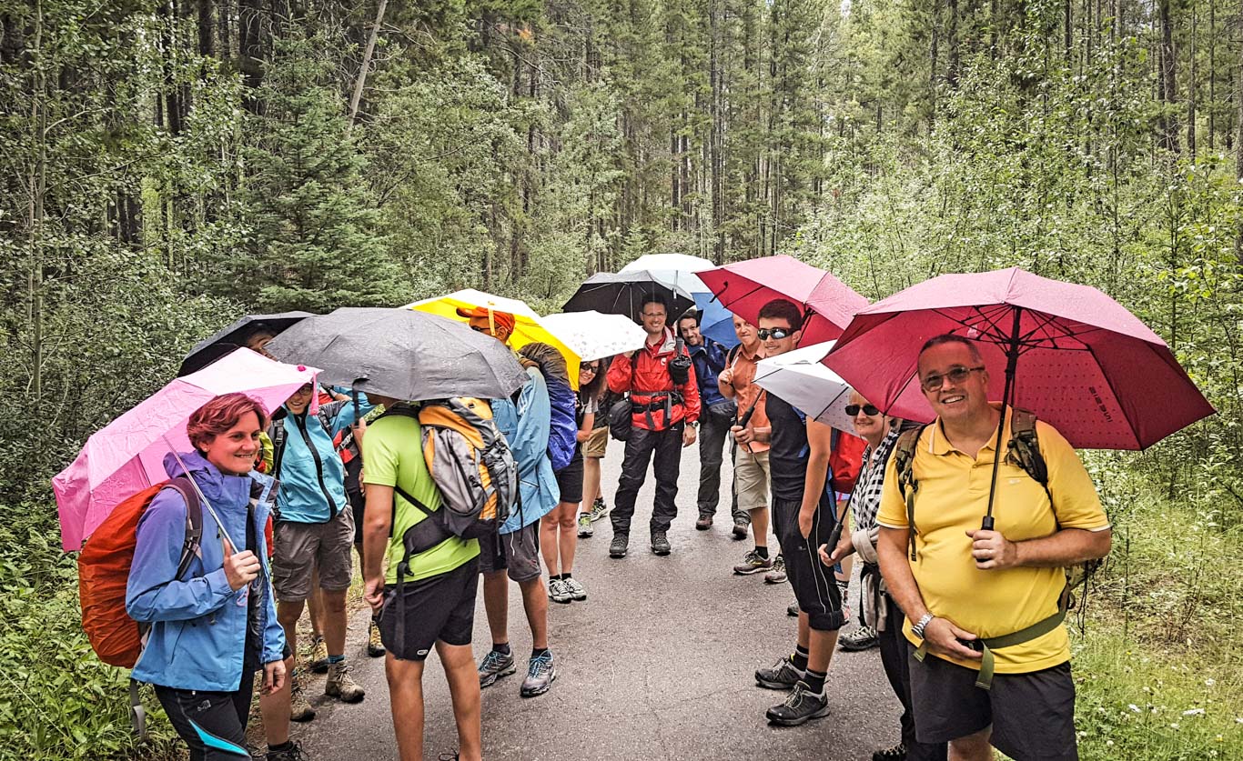 Gruppo di viaggiatori con l'ombrello in mezzo ad una foresta