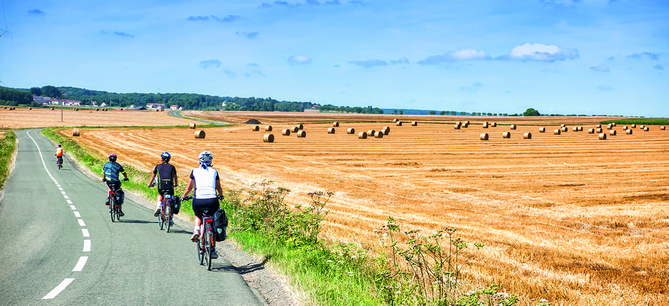 Dettaglio della ciclabile da Parigi a Londra, la Avenue Verte, con ciclisti e campi di grano