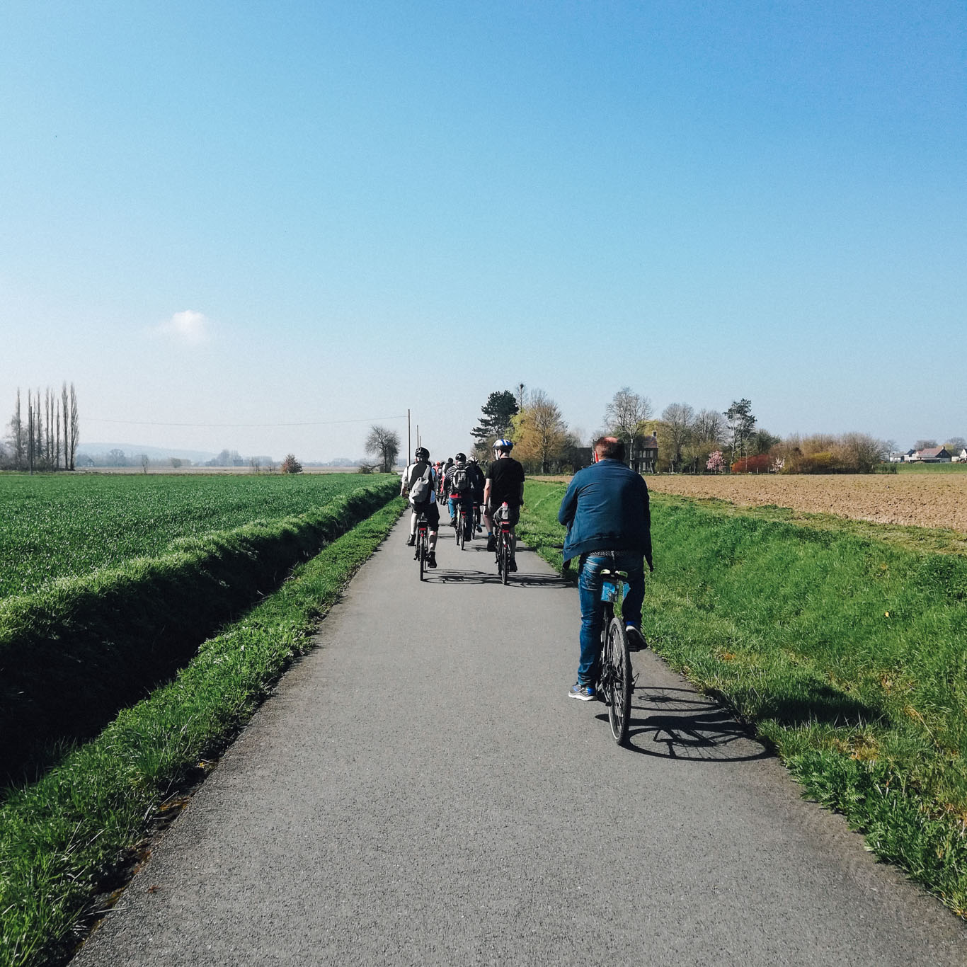 Persone che pedalano lungo una ciclabile nelle Fiandre