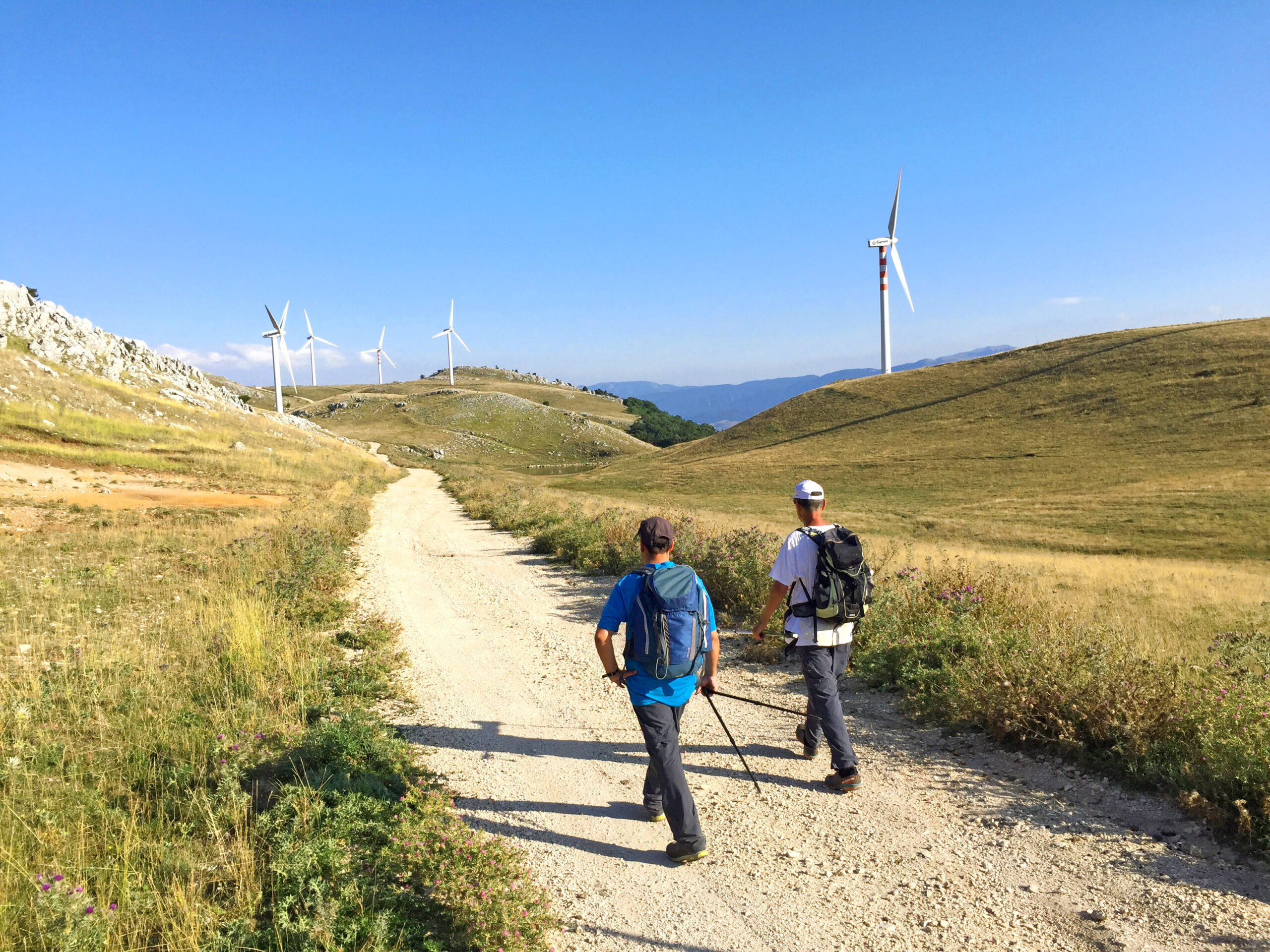 Due camminatori in un sentiero sterrato in mezzo alla natura e pale eoliche sullo sfondo