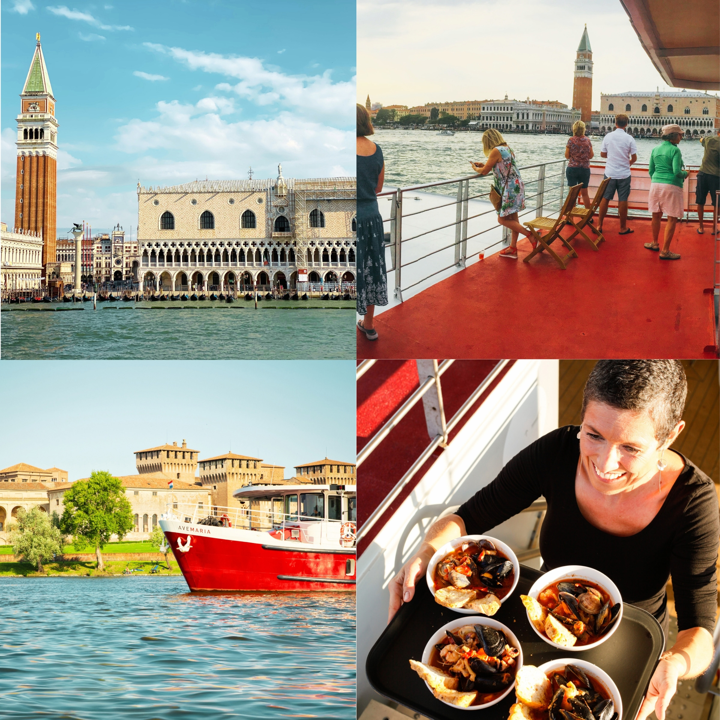 Collage of four photos: St. Mark's Square as seen from the sea, people on the deck of a boat admiring Venice, a boat sailing, a woman carrying food in a tray