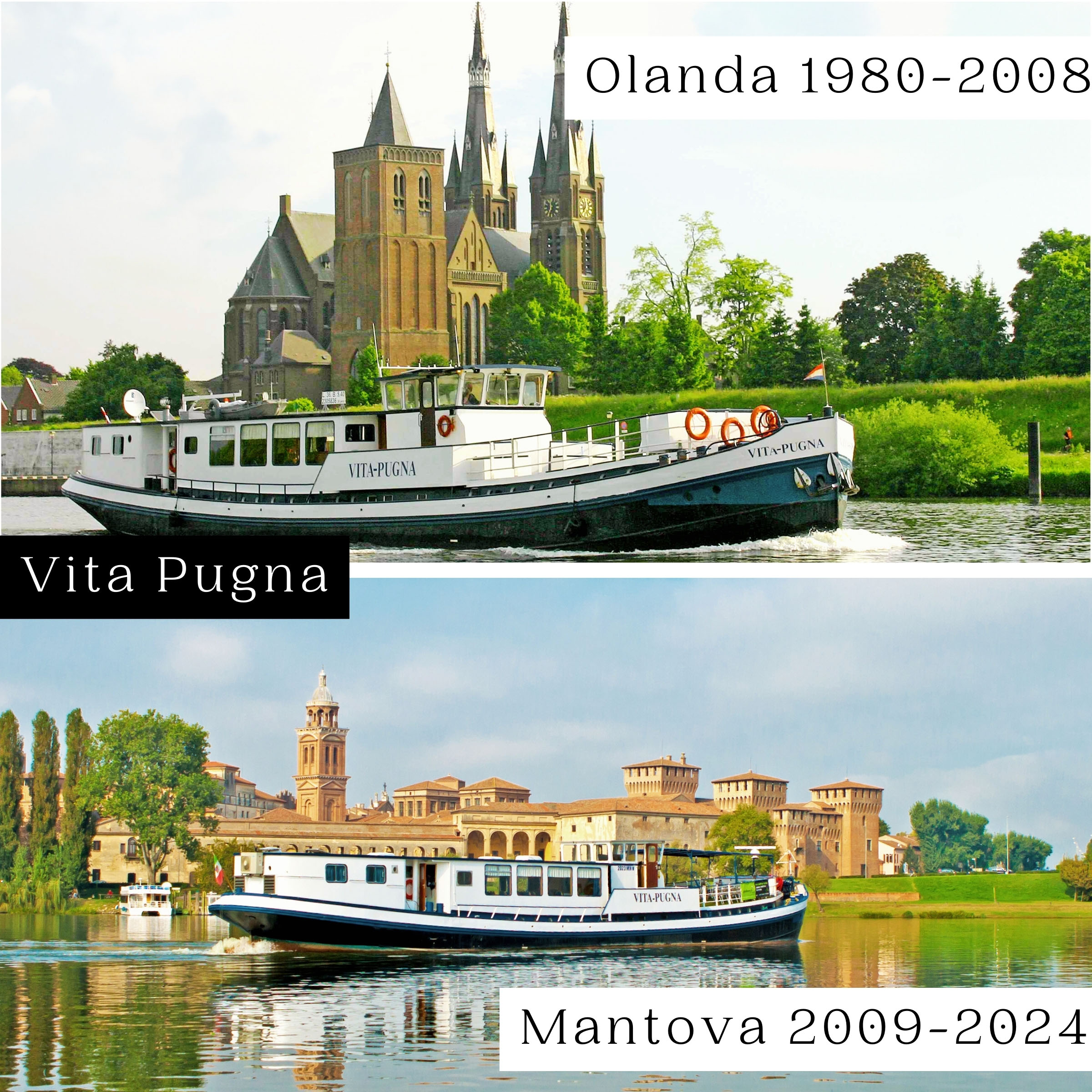 Two photos of a boat sailing in a river in Holland and italy