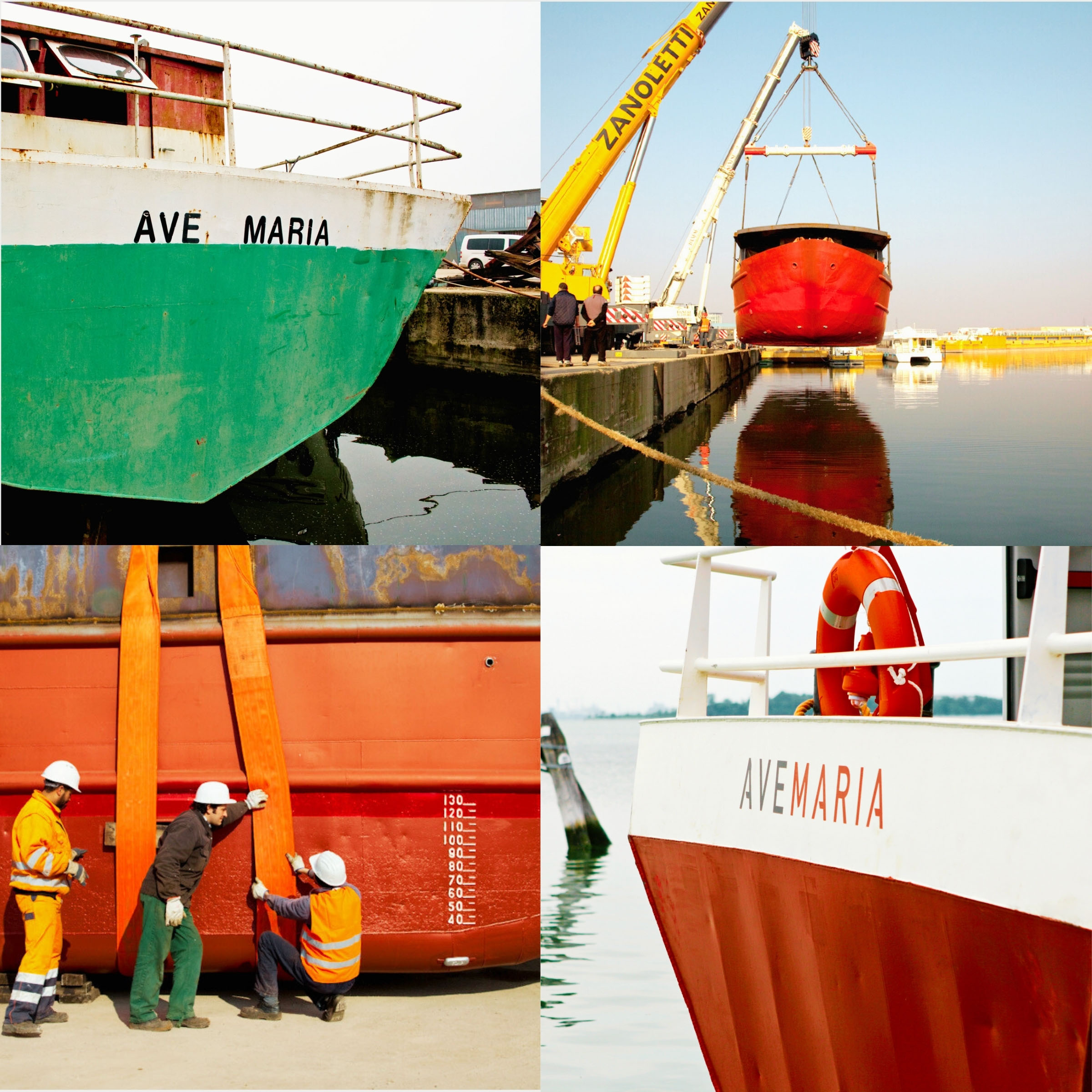 Collage of four photos with details of the boat in the shipyard during work