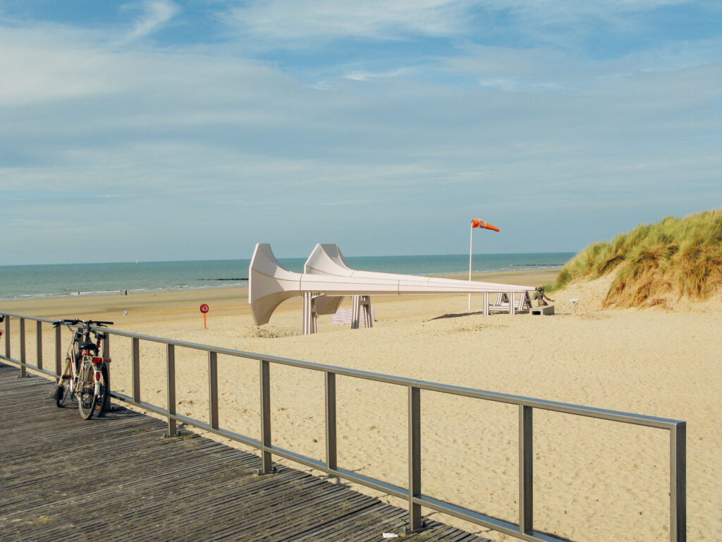 Wooden footbridge, bike, beach, North Sea, outdoor vacation, leisure, Belgium