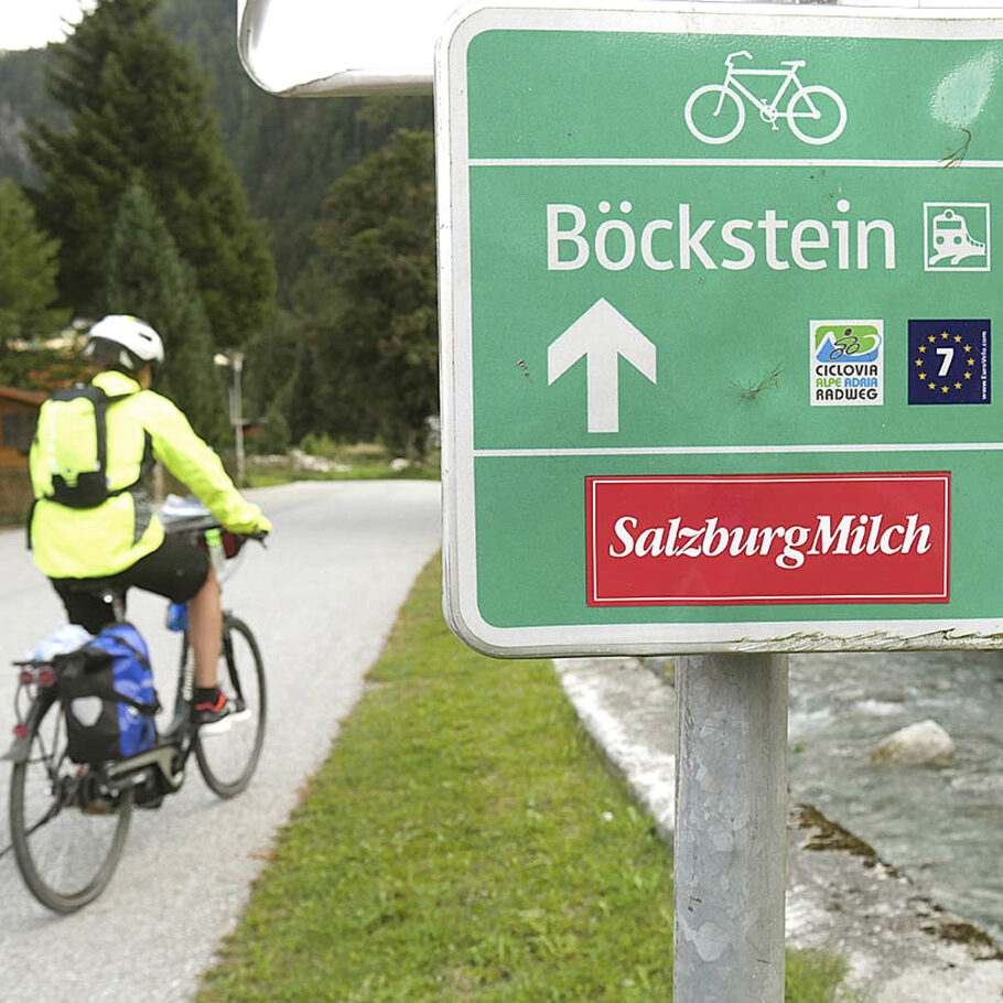 Cartello verde con scritte bianche che indica la Ciclovia Alpe Adria e ciclista con caschetto che percorre la ciclabile