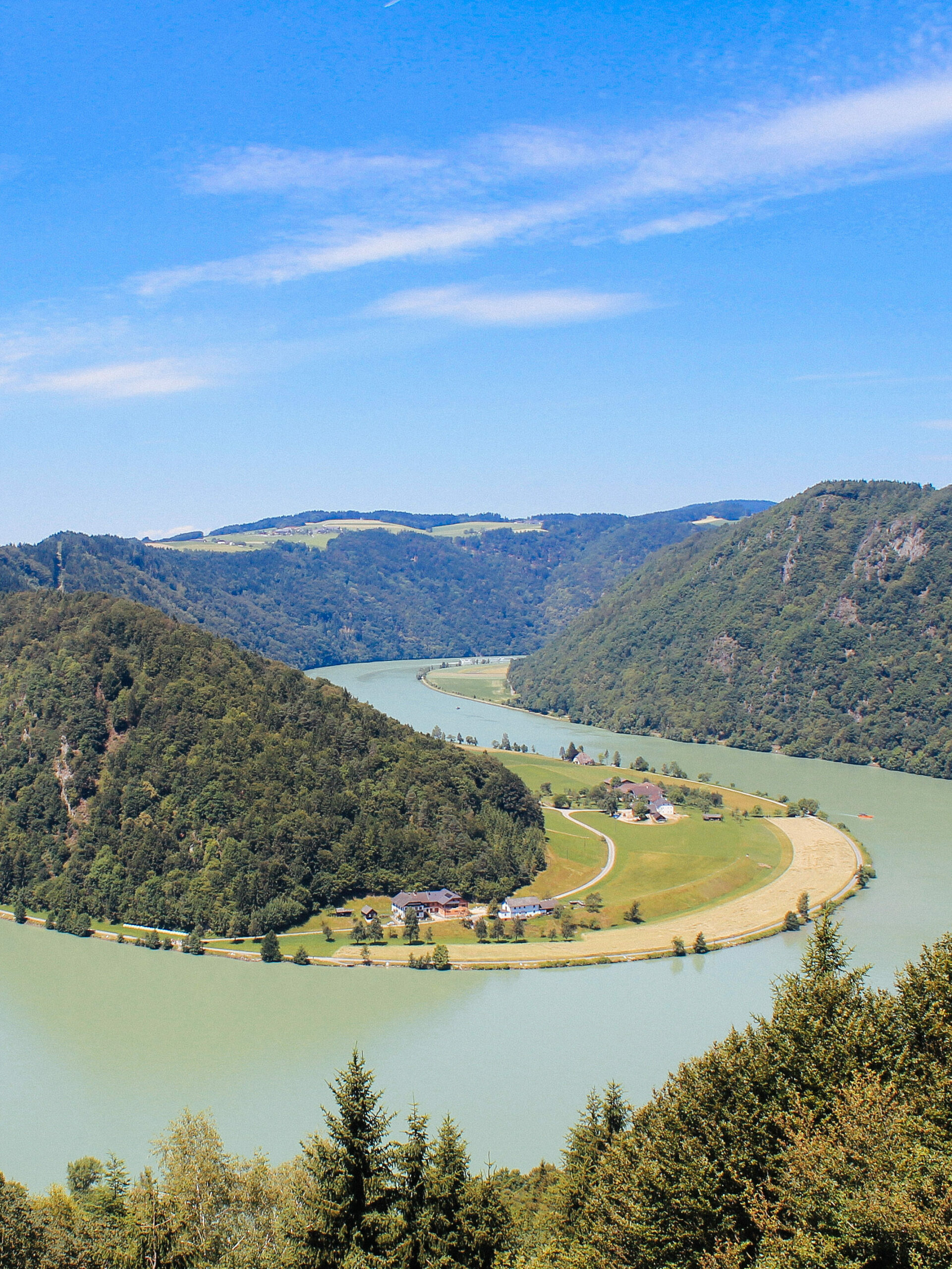 Vista panoramica della valle del fiume Salzach in Austria, circondata da foreste e montagne.