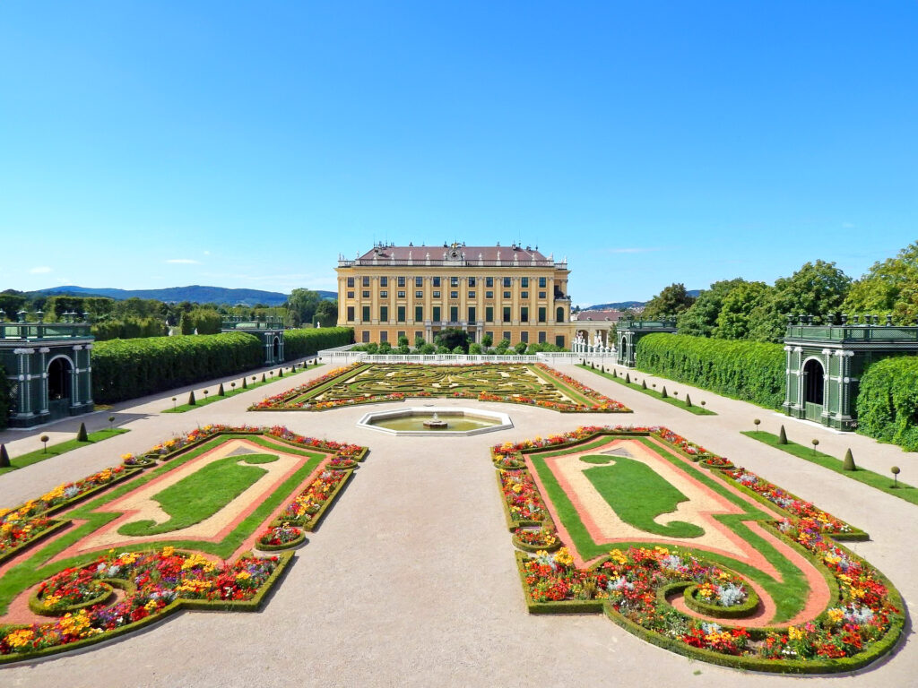Aerial view of Schönbrunn Palace with baroque gardens in Vienna, one of Danube cycling route destination