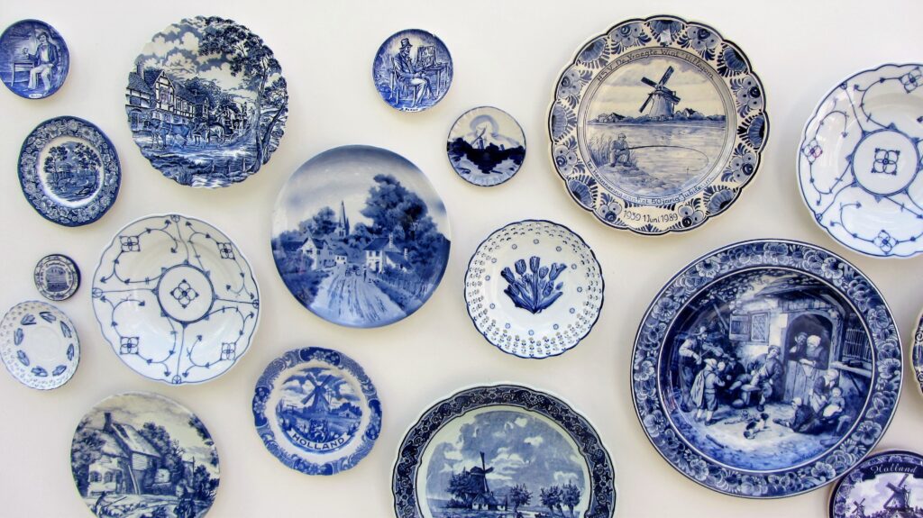 Blue Delft plates and pottery, typical Dutch tradition.