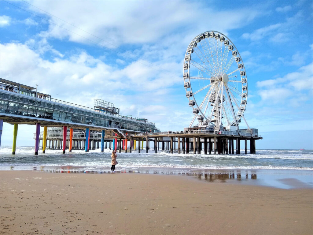 Scheveningen pier with Ferris wheel on the North Sea, near The Hague.