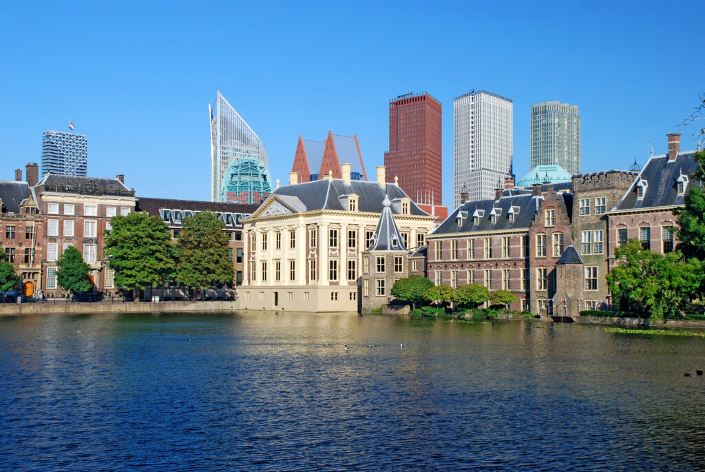 Skyline of The Hague as seen from Lake Hofvijver, South Holland.