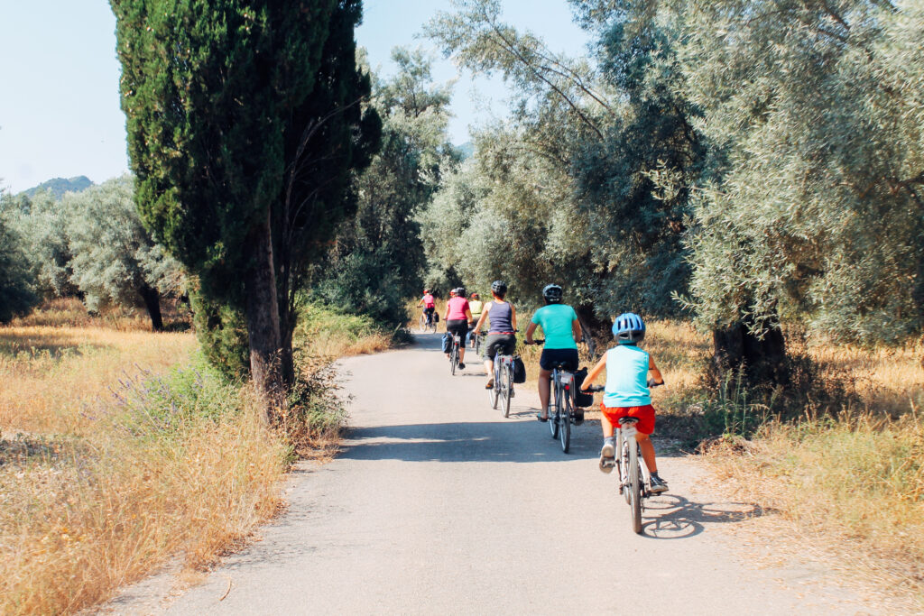 Group of cyclists on a shaded path between cypress and olive trees, cycling holiday in Greece