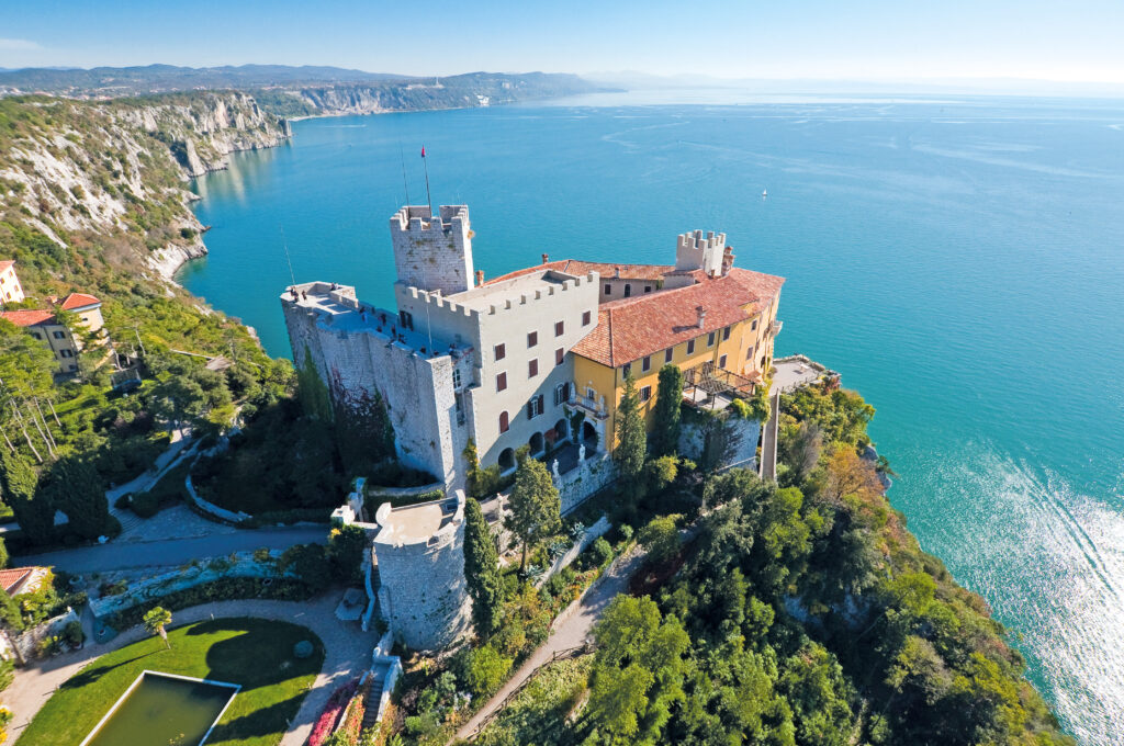 Aerial view of Duino Castle and the Adriatic coast, Trieste